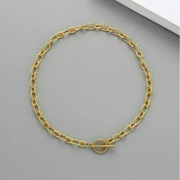 18k Gold Plated Stainless Steel Chunky Chain Choker Necklace Toggle Clasp 17in - Picture 5 of 7